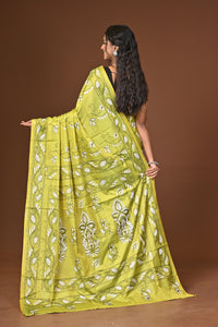 Blended Silk Kantha Stitch Saree Lime Green