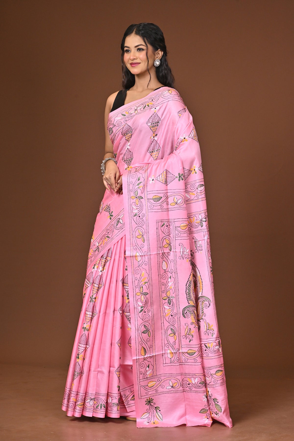 Blended Silk Kantha Stitch Saree Pink