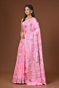 Blended Silk Kantha Stitch Saree Pink