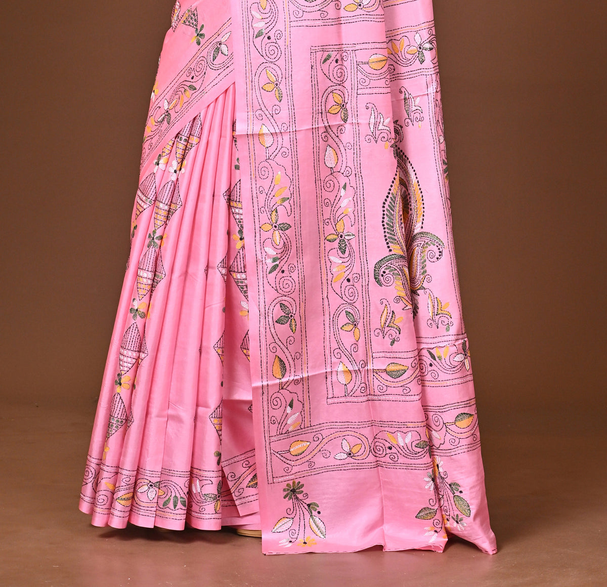 Blended Silk Kantha Stitch Saree Pink