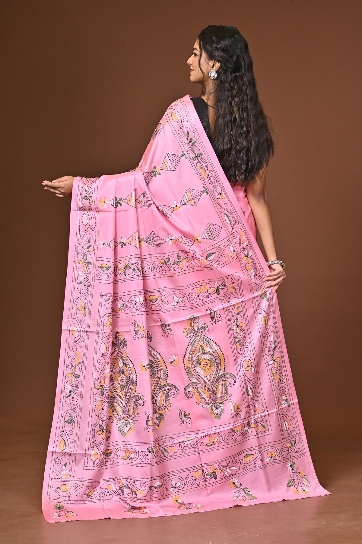 Blended Silk Kantha Stitch Saree Pink