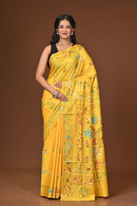 Blended Silk Kantha Stitch Saree Yellow