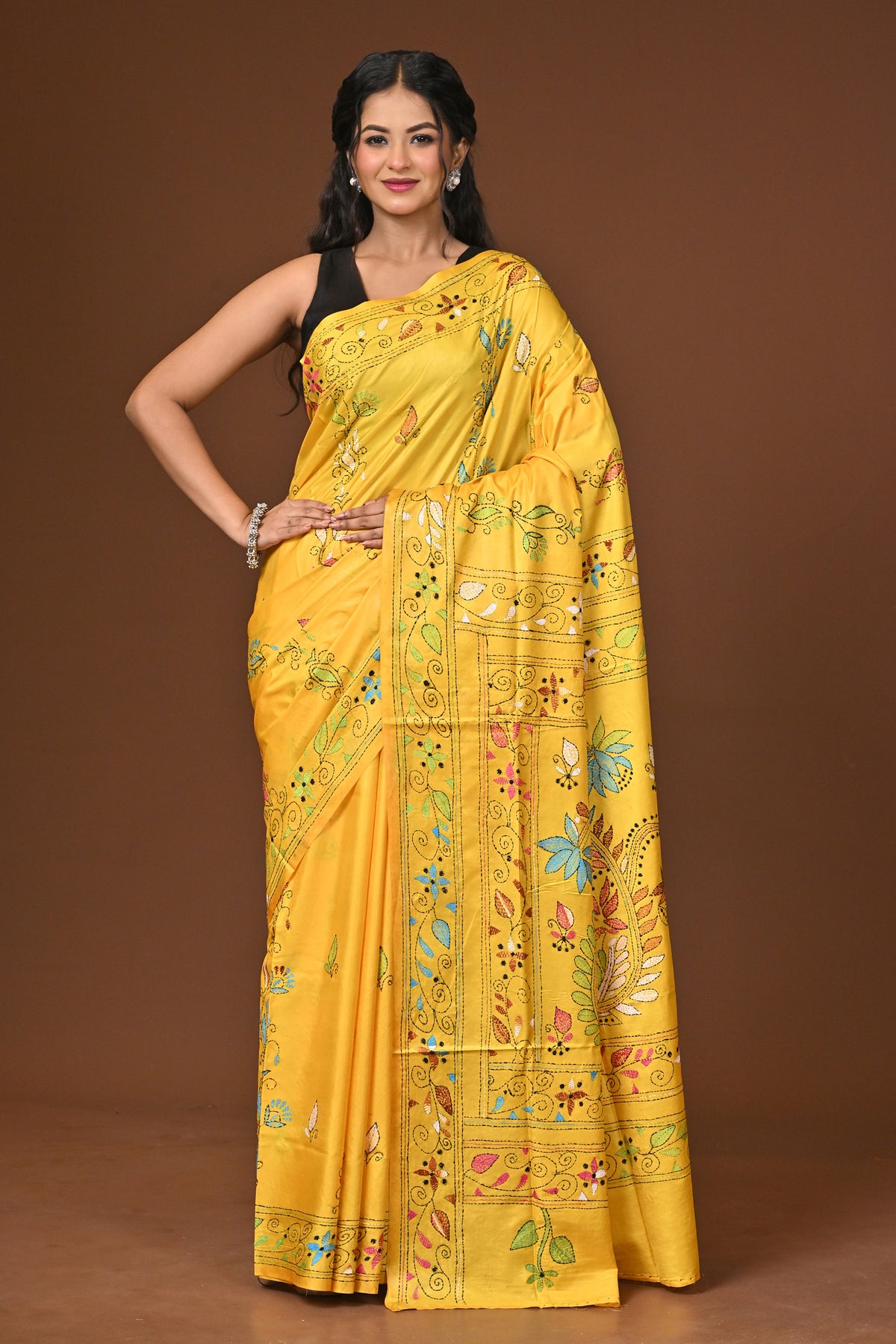 Blended Silk Kantha Stitch Saree Yellow