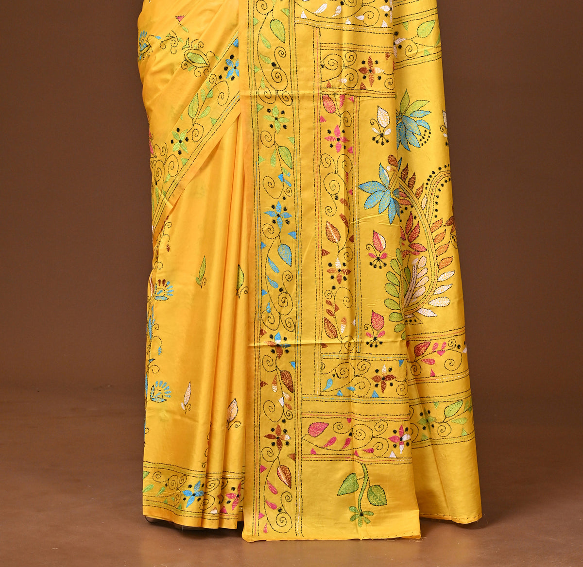 Blended Silk Kantha Stitch Saree Yellow