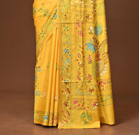 Blended Silk Kantha Stitch Saree Yellow