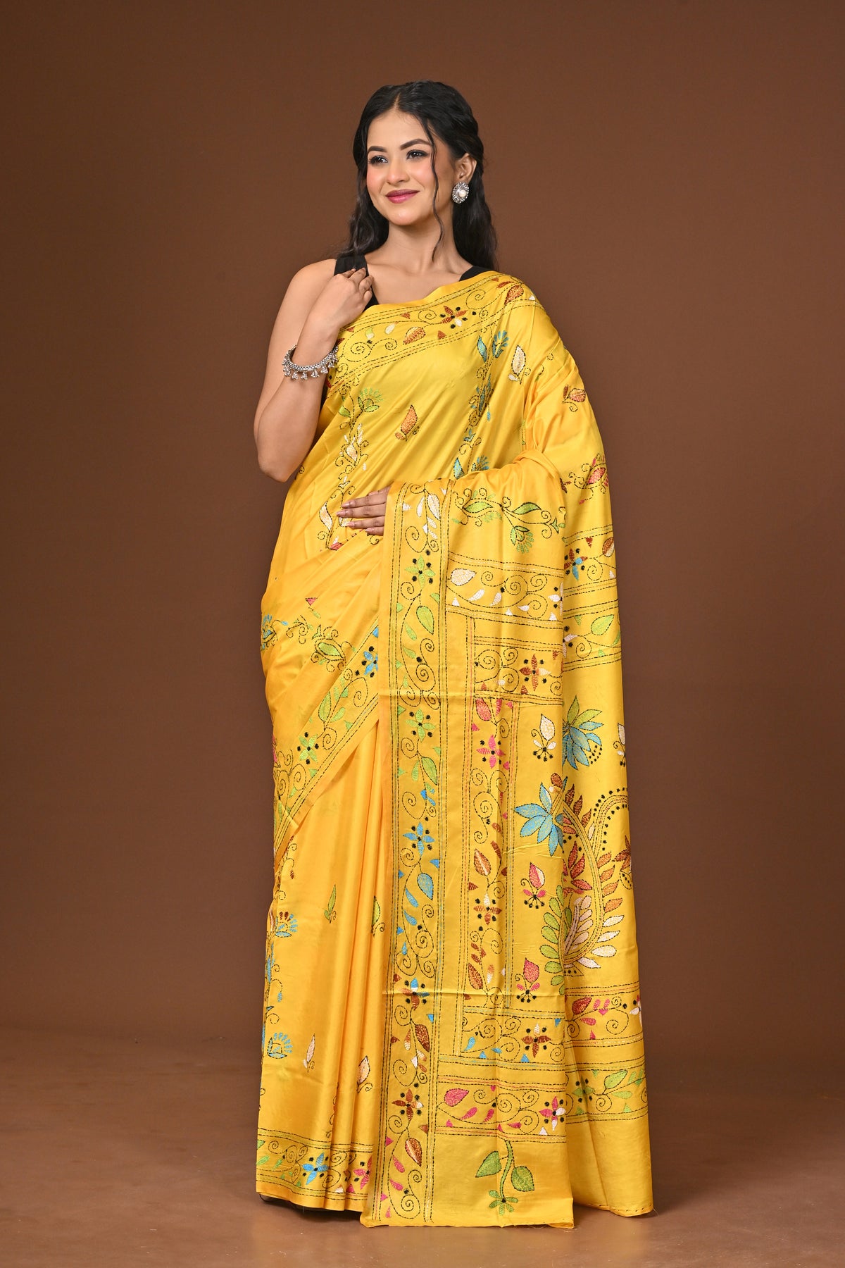 Blended Silk Kantha Stitch Saree Yellow