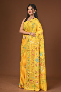Blended Silk Kantha Stitch Saree Yellow
