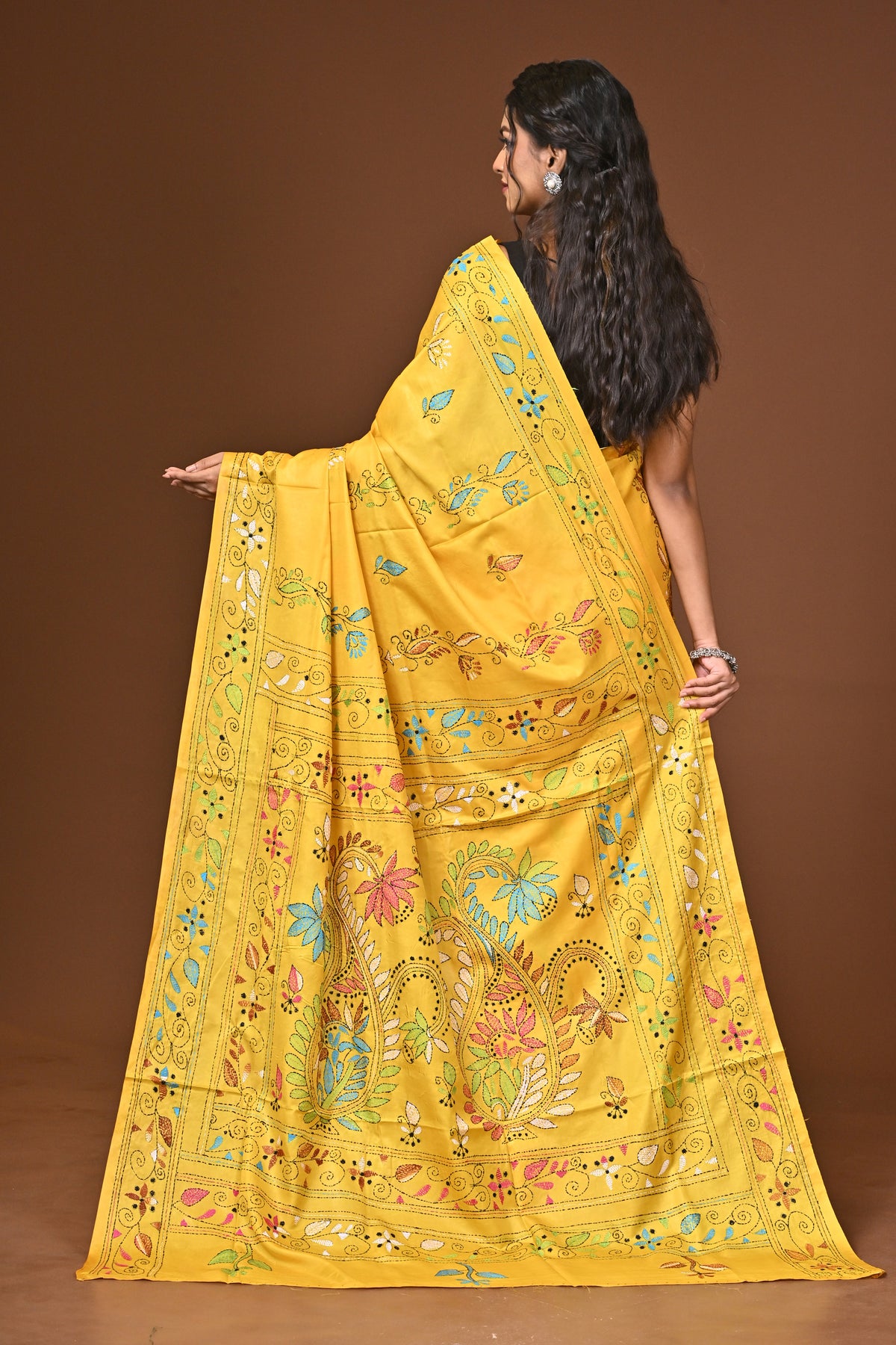 Blended Silk Kantha Stitch Saree Yellow