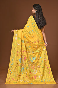 Blended Silk Kantha Stitch Saree Yellow
