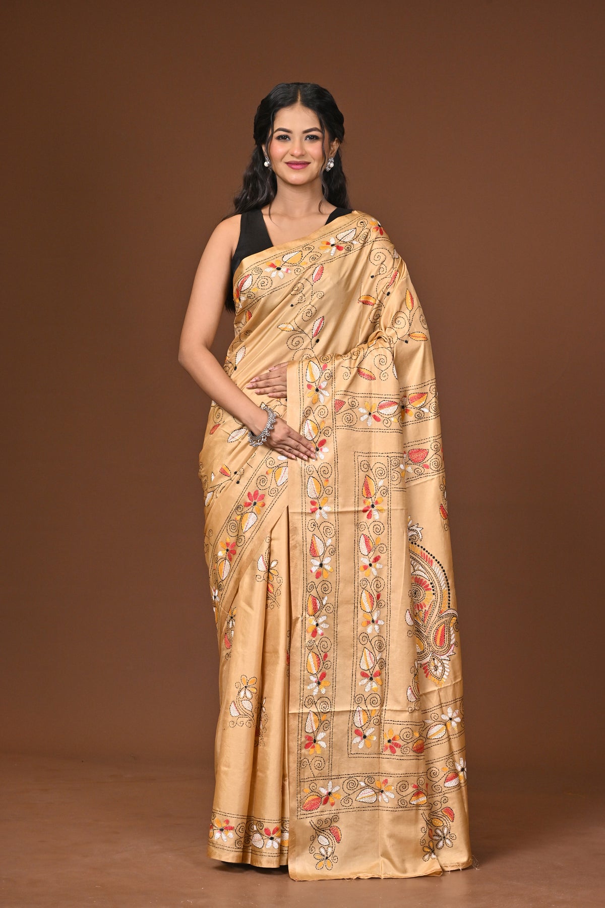 Blended Silk Kantha Stitch Saree Beige