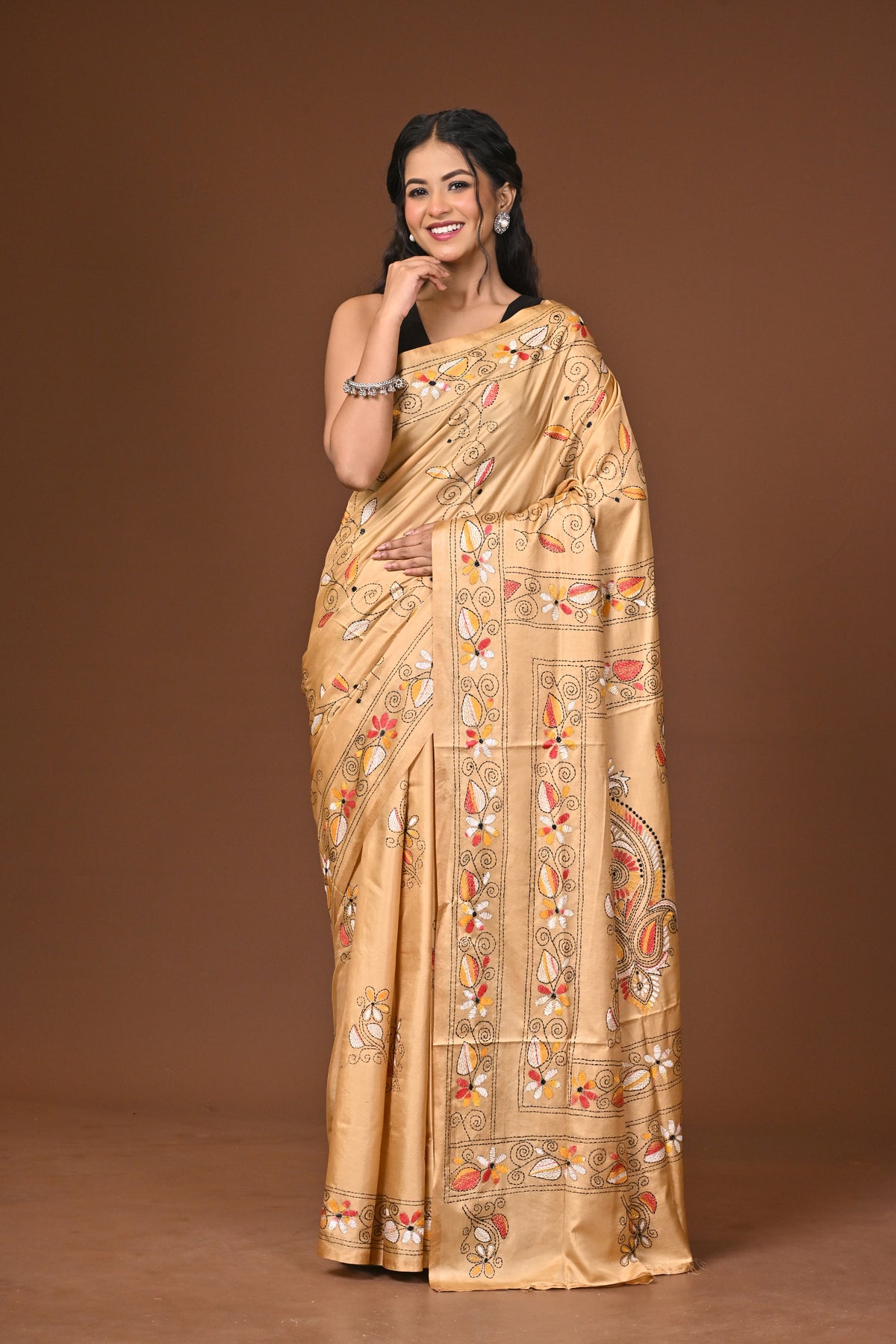 Blended Silk Kantha Stitch Saree Beige