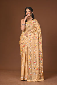Blended Silk Kantha Stitch Saree Beige