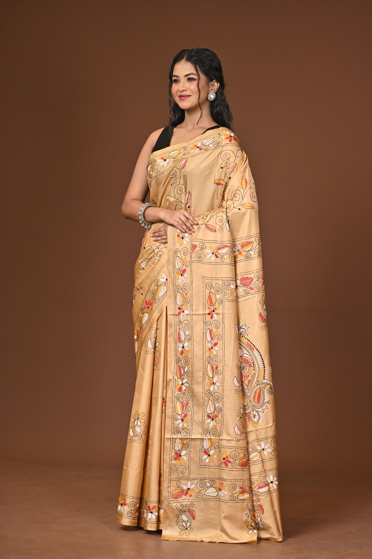 Blended Silk Kantha Stitch Saree Beige