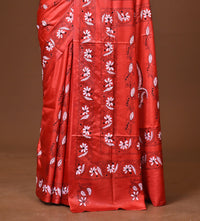 Blended Silk Kantha Stitch Saree Red