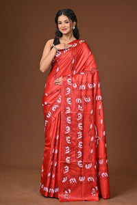 Blended Silk Kantha Stitch Saree Red
