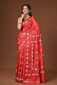 Blended Silk Kantha Stitch Saree Red