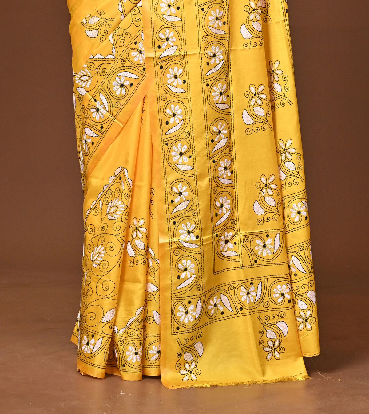 Blended Silk Kantha Stitch Saree Yellow