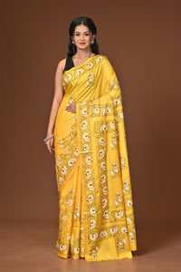 Blended Silk Kantha Stitch Saree Yellow