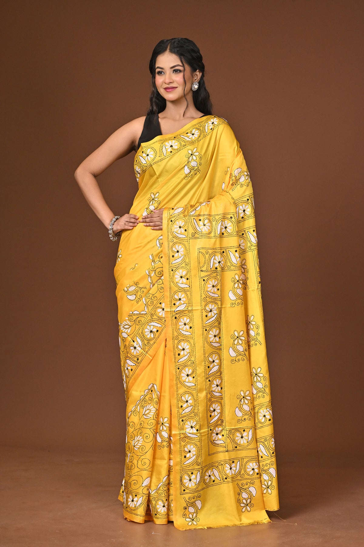 Blended Silk Kantha Stitch Saree Yellow