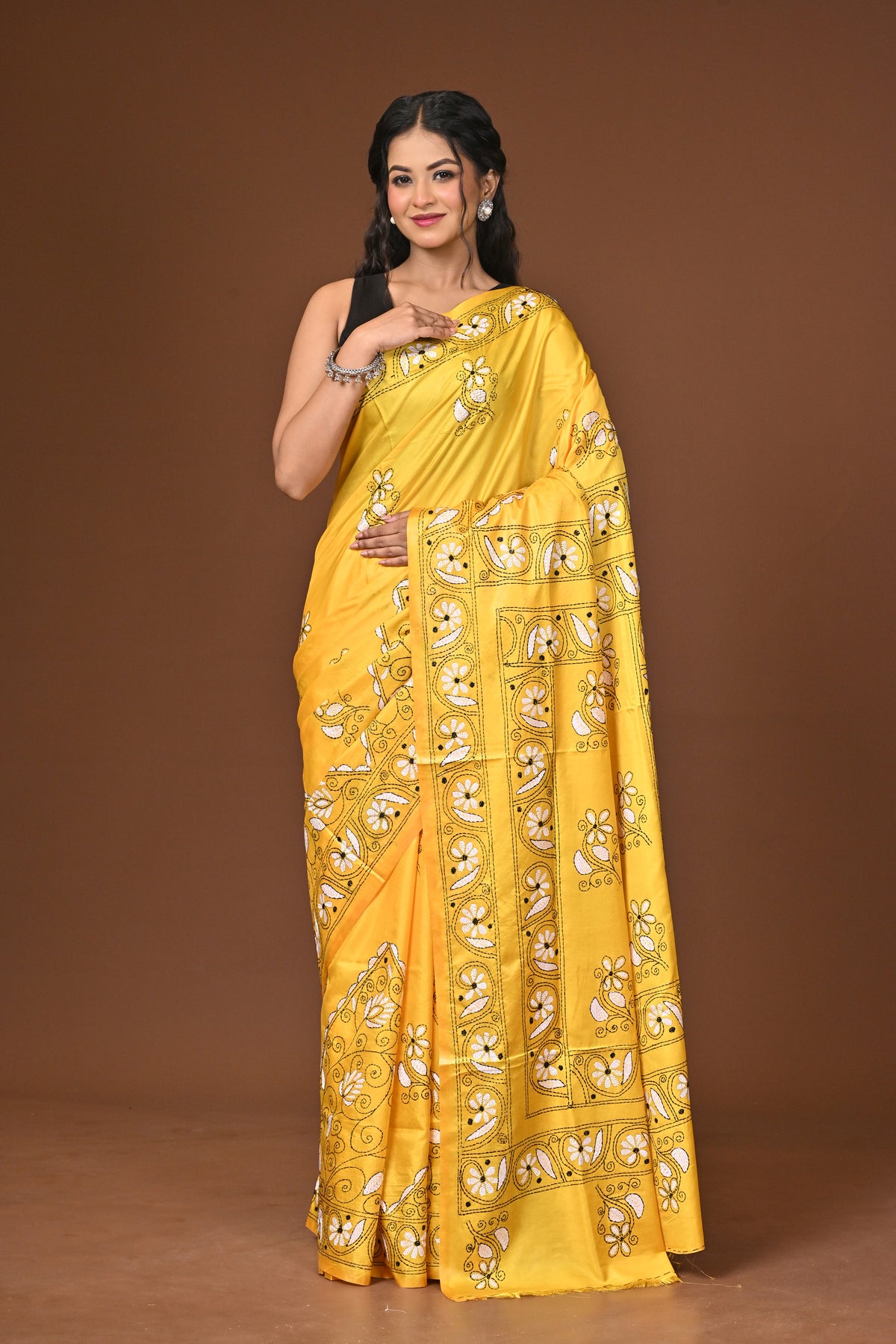 Blended Silk Kantha Stitch Saree Yellow