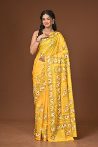 Blended Silk Kantha Stitch Saree Yellow