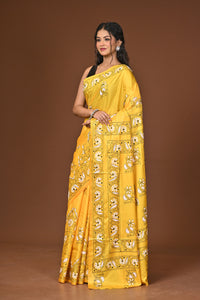 Blended Silk Kantha Stitch Saree Yellow