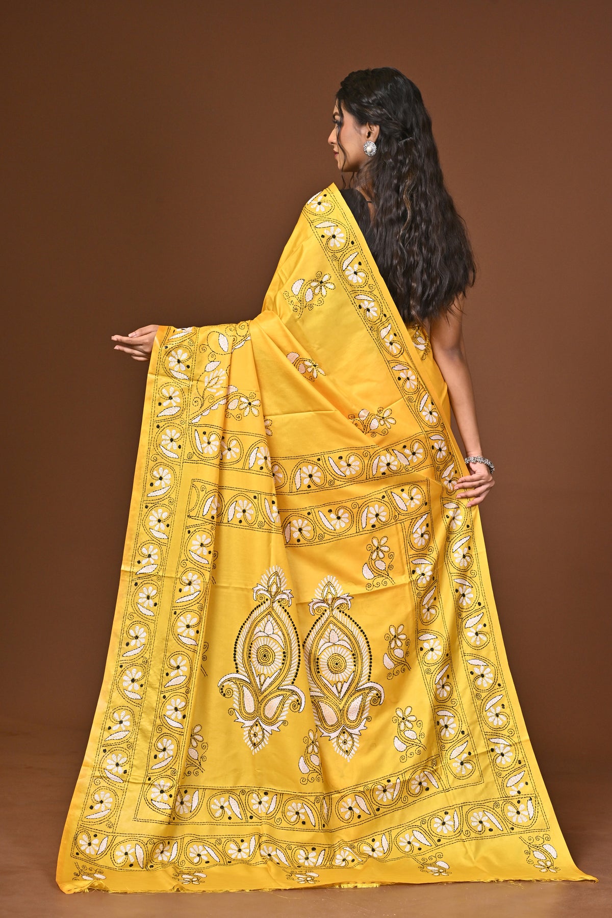 Blended Silk Kantha Stitch Saree Yellow