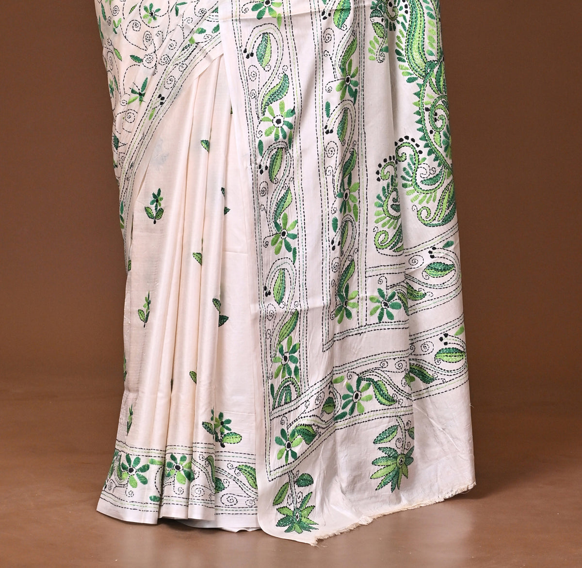 Blended Silk Kantha Stitch Saree White