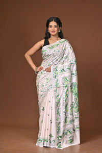 Blended Silk Kantha Stitch Saree White