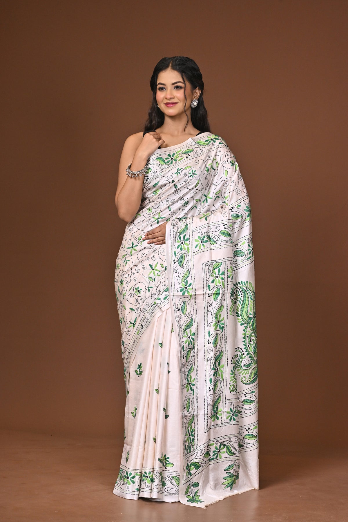 Blended Silk Kantha Stitch Saree White