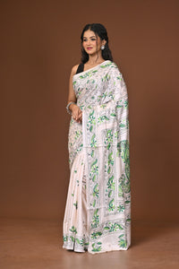 Blended Silk Kantha Stitch Saree White