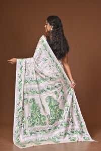 Blended Silk Kantha Stitch Saree White
