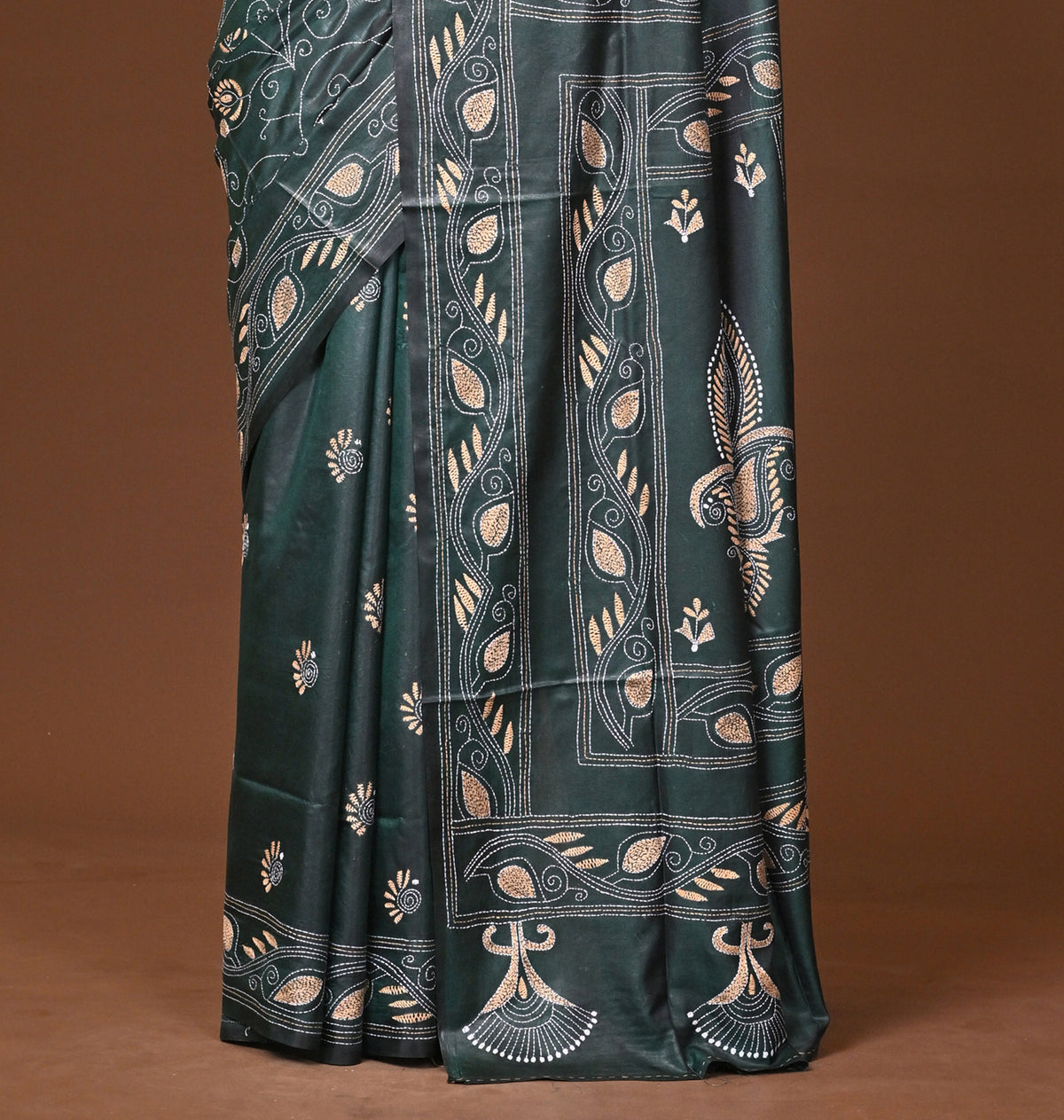 Blended Silk Kantha Stitch Saree Green