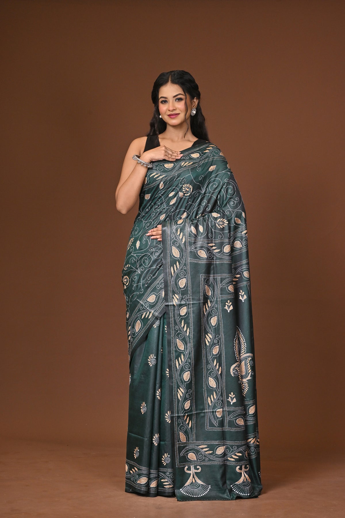 Blended Silk Kantha Stitch Saree Green