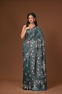 Blended Silk Kantha Stitch Saree Green