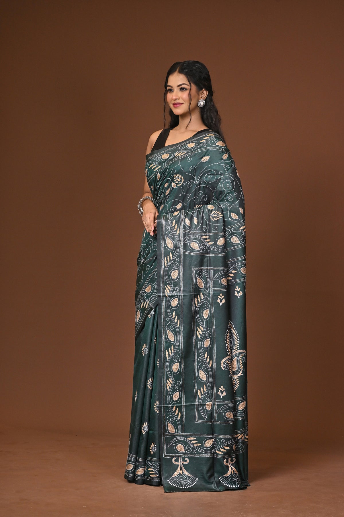 Blended Silk Kantha Stitch Saree Green