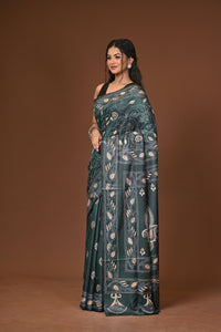 Blended Silk Kantha Stitch Saree Green