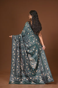Blended Silk Kantha Stitch Saree Green