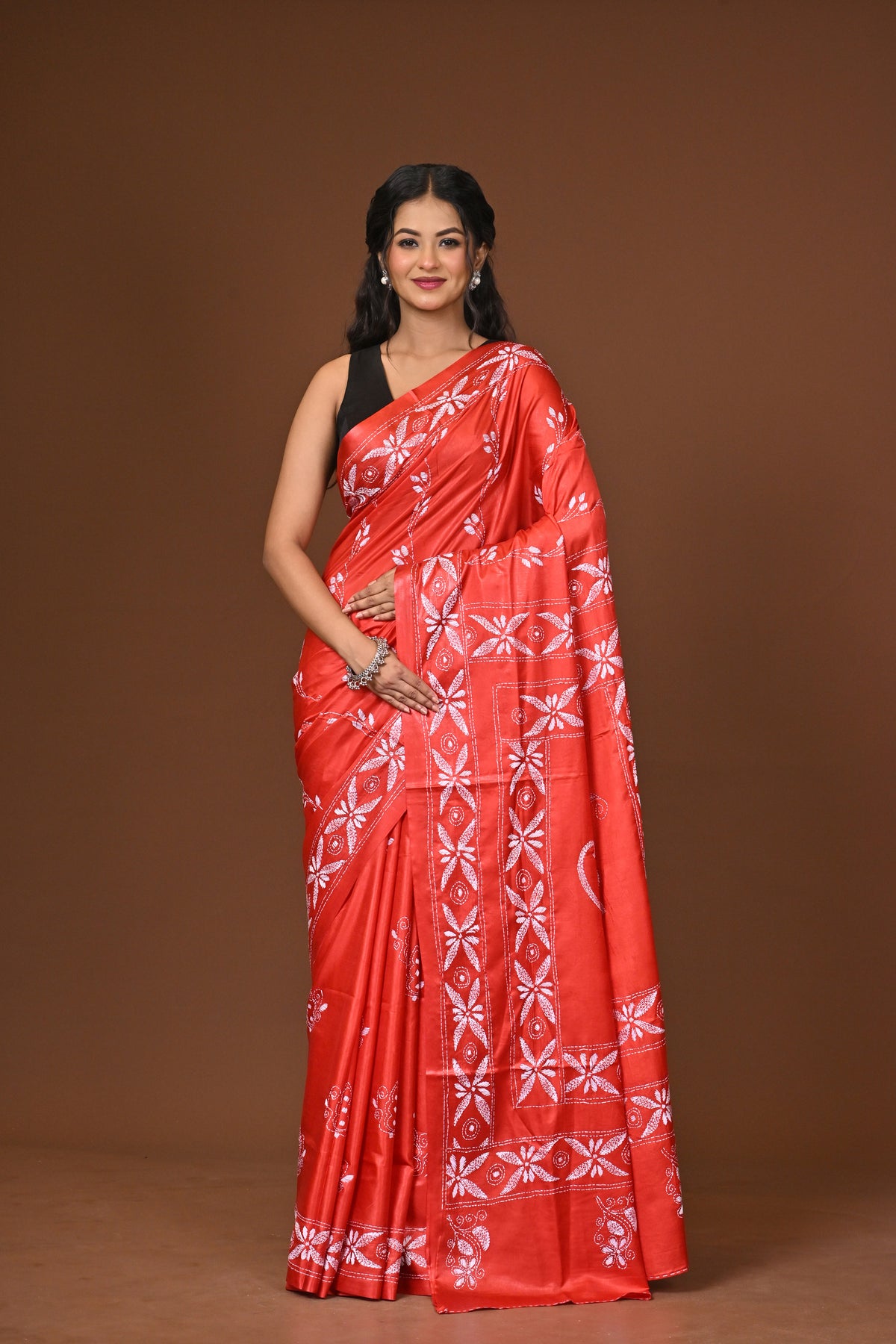 Blended Silk Kantha Stitch Saree Red