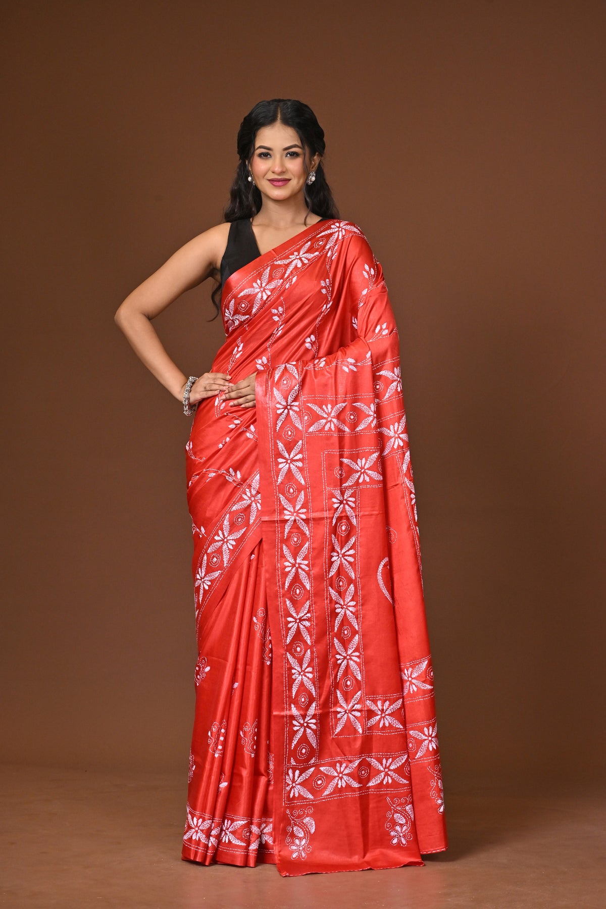 Blended Silk Kantha Stitch Saree Red