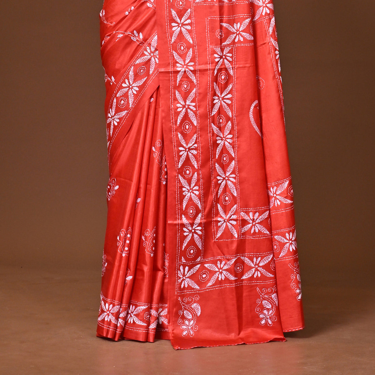 Blended Silk Kantha Stitch Saree Red