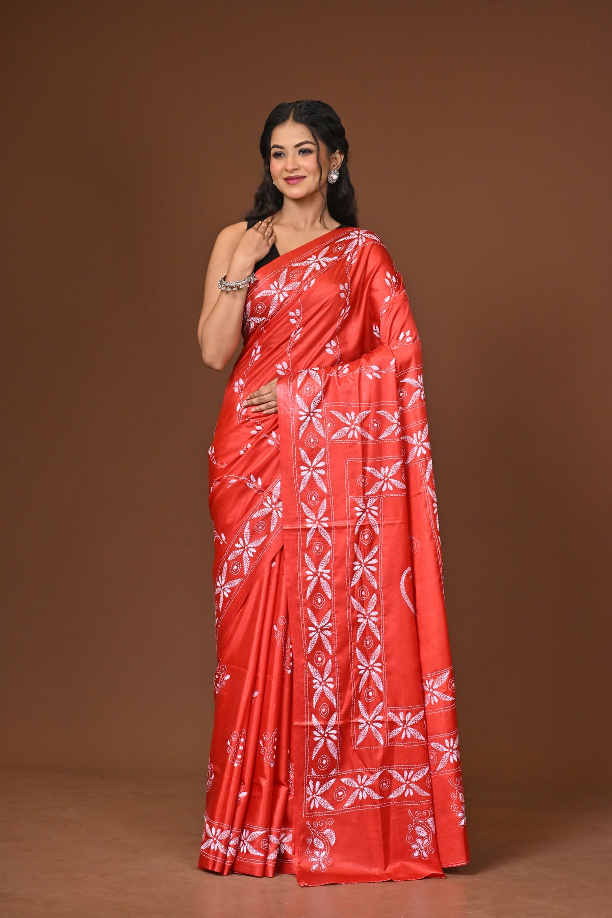 Blended Silk Kantha Stitch Saree Red