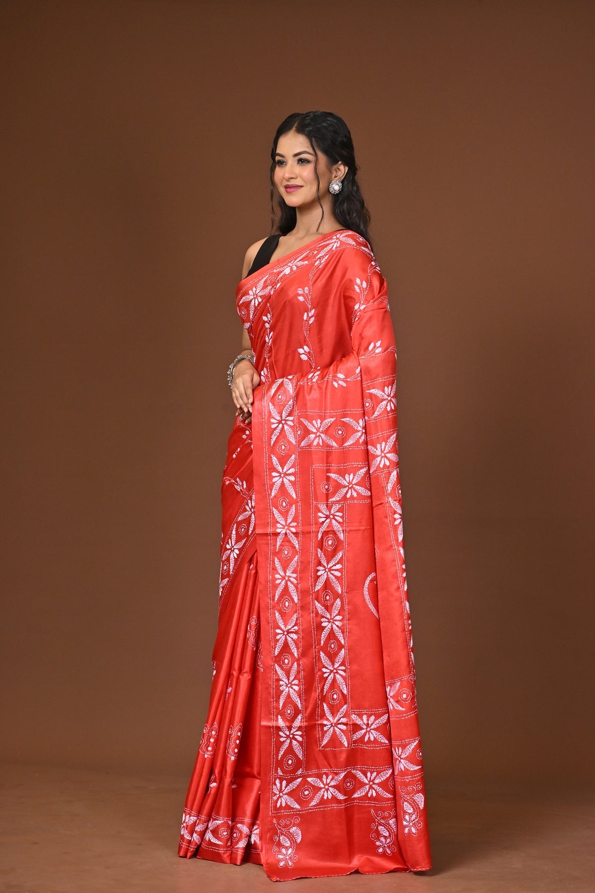 Blended Silk Kantha Stitch Saree Red