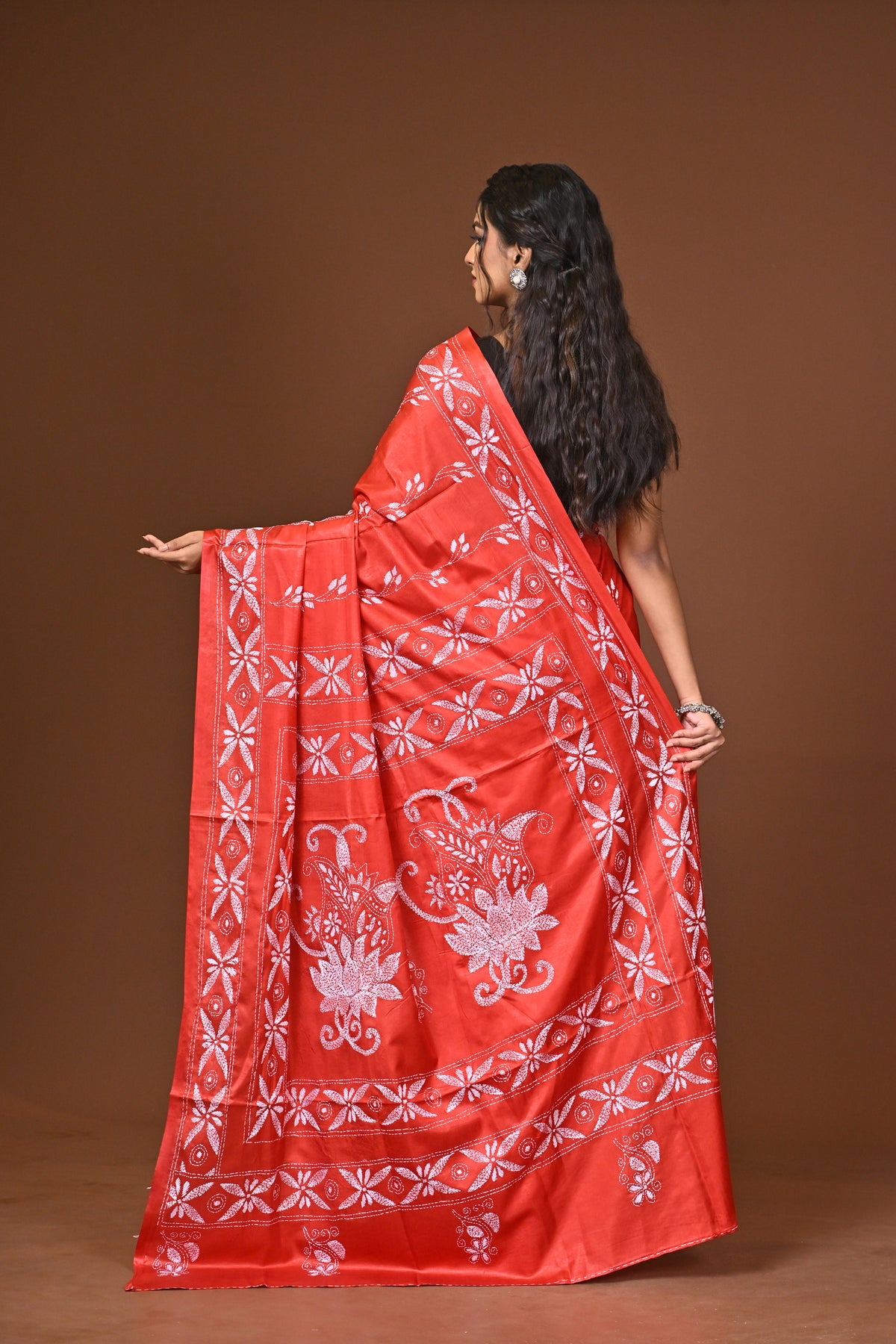Blended Silk Kantha Stitch Saree Red