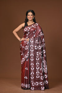 Blended Silk Kantha Stitch Saree Brown