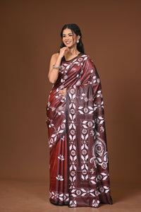 Blended Silk Kantha Stitch Saree Brown