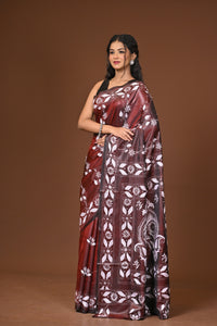 Blended Silk Kantha Stitch Saree Brown