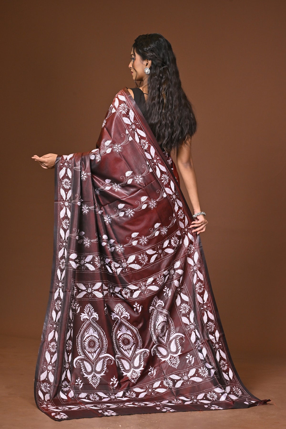 Blended Silk Kantha Stitch Saree Brown
