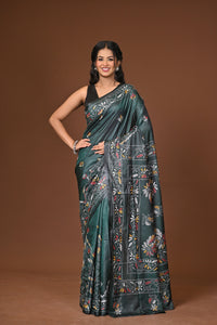 Blended Silk Kantha Stitch Saree Green