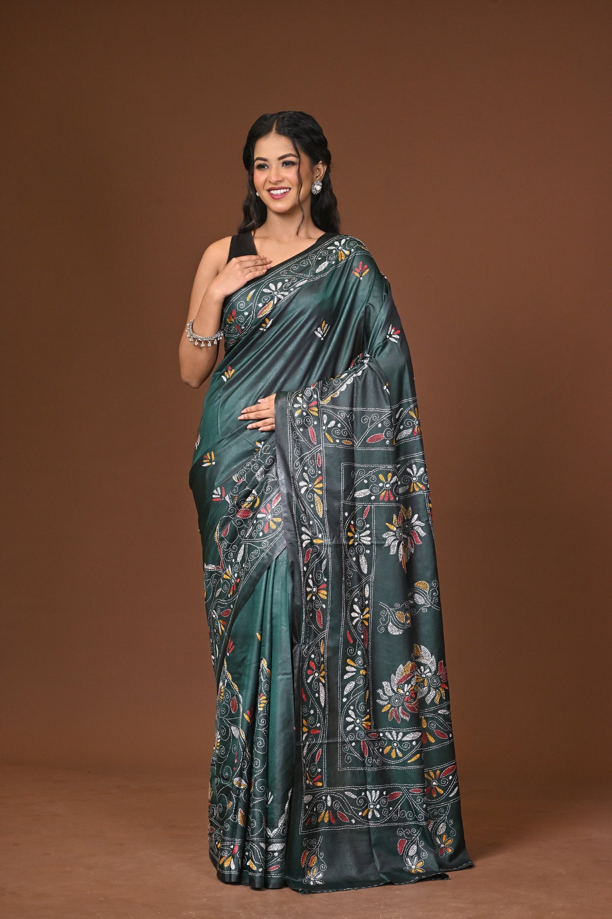 Blended Silk Kantha Stitch Saree Green